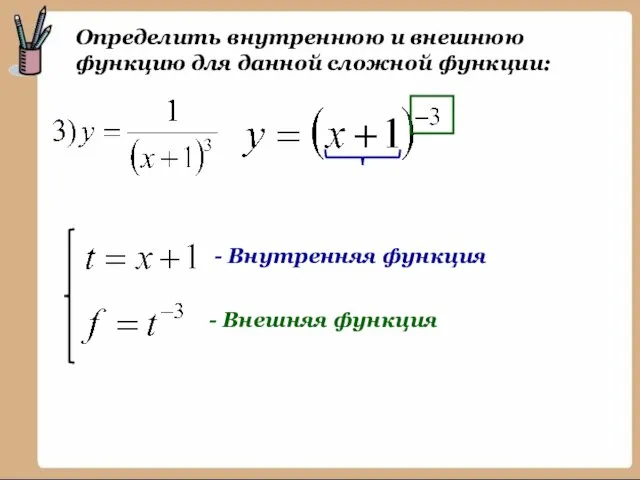 Определить внутреннюю и внешнюю функцию для данной сложной функции: - Внутренняя функция - Внешняя функция