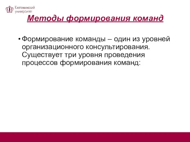 Методы формирования команд Формирование команды – один из уровней организационного консультирования. Существует