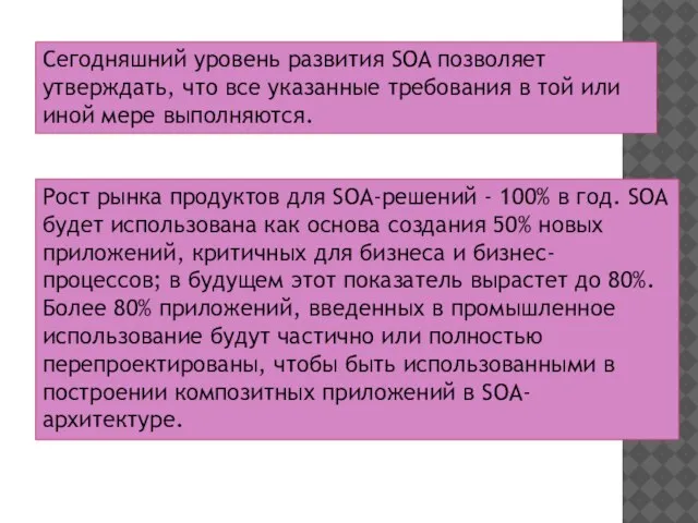 Сегодняшний уровень развития SOA позволяет утверждать, что все указанные требования в той