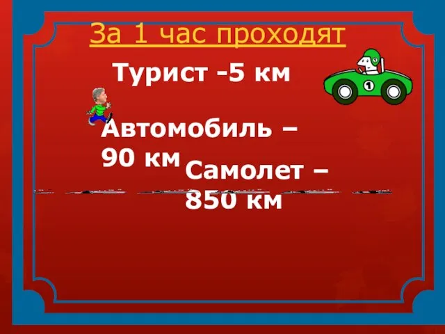 За 1 час проходят Турист -5 км Автомобиль – 90 км Самолет – 850 км