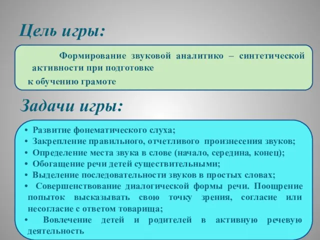 Цель игры: Формирование звуковой аналитико – синтетической активности при подготовке к обучению