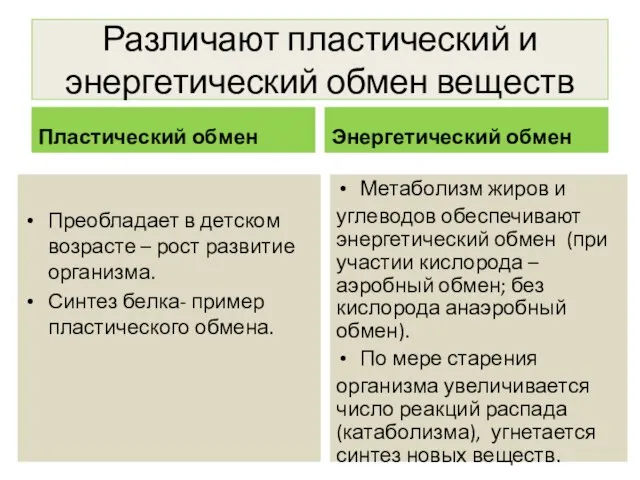 Различают пластический и энергетический обмен веществ Пластический обмен Преобладает в детском возрасте