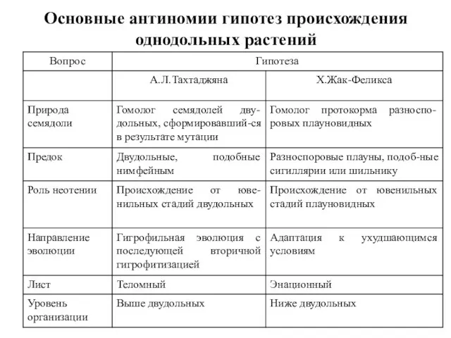 Основные антиномии гипотез происхождения однодольных растений