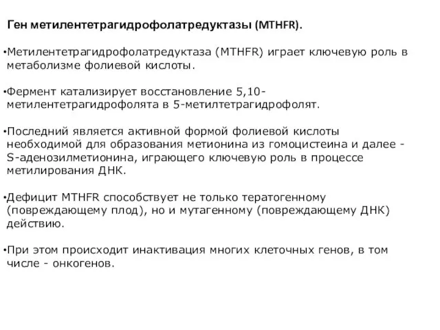 Ген метилентетрагидрофолатредуктазы (MTHFR). Метилентетрагидрофолатредуктаза (MTHFR) играет ключевую роль в метаболизме фолиевой кислоты.