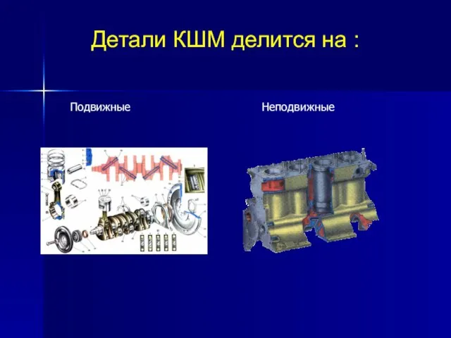 Детали КШМ делится на : Подвижные Неподвижные