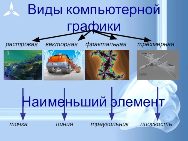 Виды компьютерной графики растровая векторная фрактальная точка линия треугольник Наименьший элемент трёхмерная плоскость