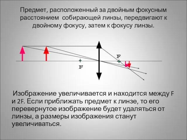 Предмет, расположенный за двойным фокусным расстоянием собирающей линзы, передвигают к двойному фокусу,