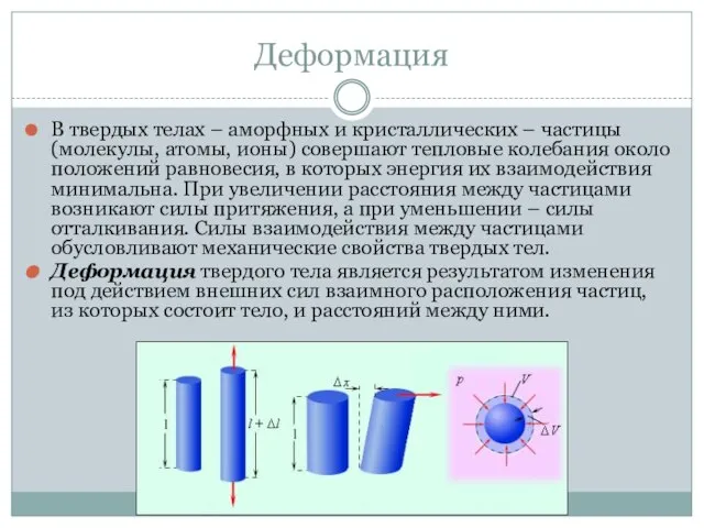 Деформация В твердых телах – аморфных и кристаллических – частицы (молекулы, атомы,