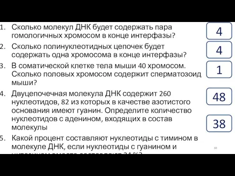 Сколько молекул ДНК будет содержать пара гомологичных хромосом в конце интерфазы? Сколько