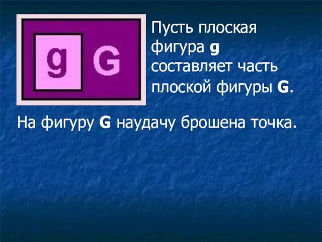 Пусть плоская фигура g составляет часть плоской фигуры G. На фигуру G наудачу брошена точка.