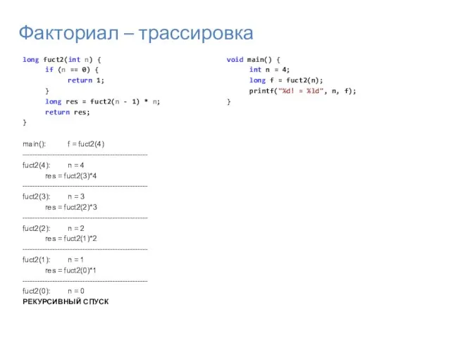 Факториал – трассировка long fuct2(int n) { if (n == 0) {