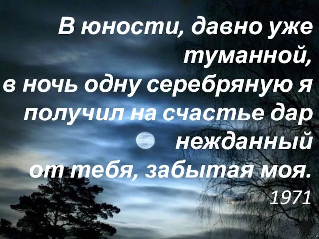 В юности, давно уже туманной, в ночь одну серебряную я получил на