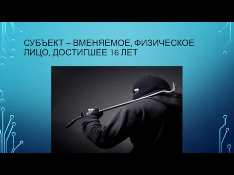 СУБЪЕКТ – ВМЕНЯЕМОЕ, ФИЗИЧЕСКОЕ ЛИЦО, ДОСТИГШЕЕ 16 ЛЕТ