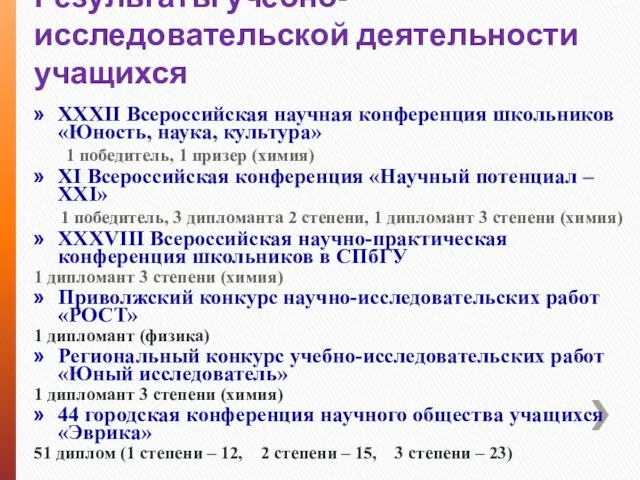 Результаты учебно-исследовательской деятельности учащихся XXXII Всероссийская научная конференция школьников «Юность, наука, культура»