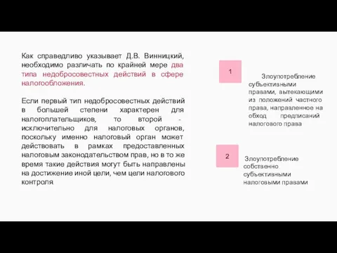 1 2 Злоупотребление собственно субъективными налоговыми правами Злоупотребление субъективными правами, вытекающими из