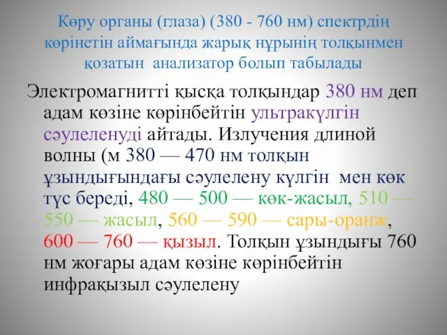 Көру органы (глаза) (380 - 760 нм) спектрдің көрінетін аймағында жарық нұрынің