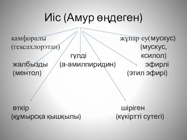 Иіс (Амур өңдеген) камфоралы жұпар су(мускус) (гексахлорэтан) (мускус, гүлді ксилол) жалбызды (а-амилпиридин)