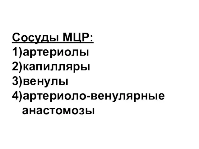 Сосуды МЦР: 1)артериолы 2)капилляры 3)венулы 4)артериоло-венулярные анастомозы