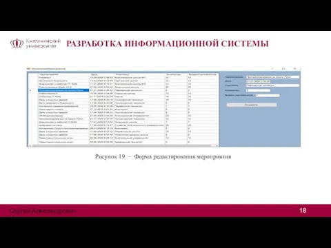 РАЗРАБОТКА ИНФОРМАЦИОННОЙ СИСТЕМЫ Рисунок 19 – Форма редактирования мероприятия Сергей Александрович Цивилев