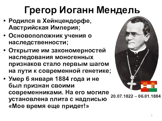 Грегор Иоганн Мендель Родился в Хейнцендорфе, Австрийская Империя; Основоположник учения о наследственности;