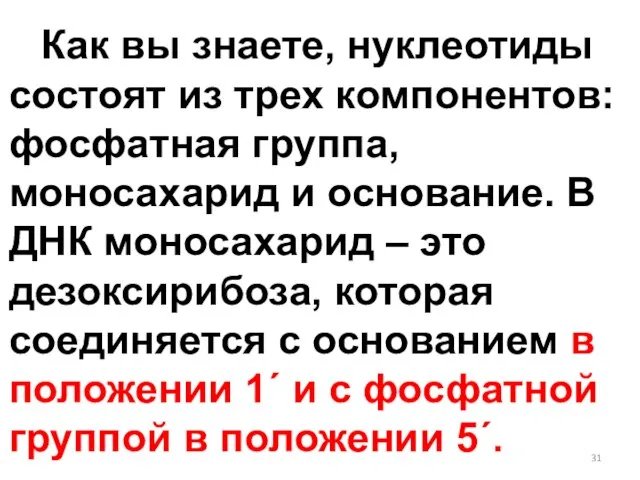 Как вы знаете, нуклеотиды состоят из трех компонентов: фосфатная группа, моносахарид и