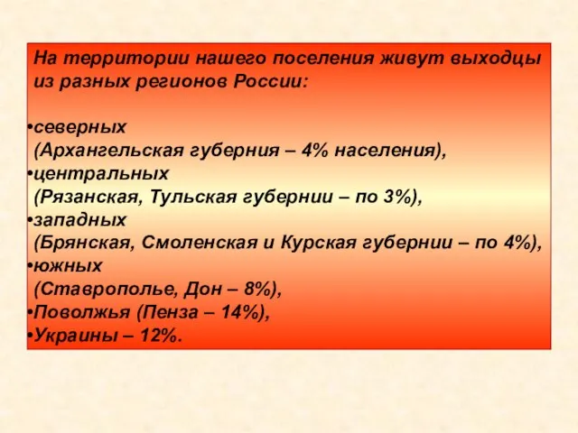 На территории нашего поселения живут выходцы из разных регионов России: северных (Архангельская