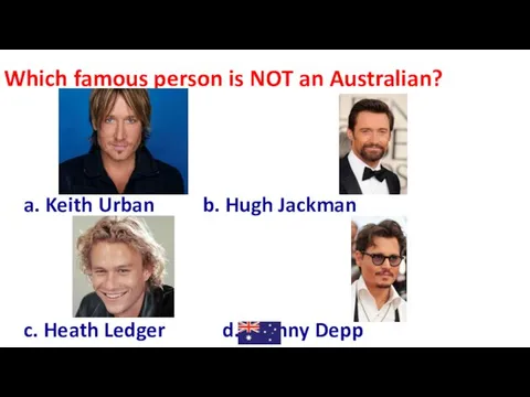 Which famous person is NOT an Australian? a. Keith Urban b. Hugh