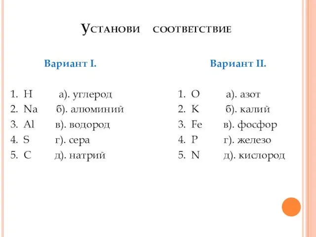 Установи соответствие Вариант I. 1. Н а). углерод 2. Na б). алюминий