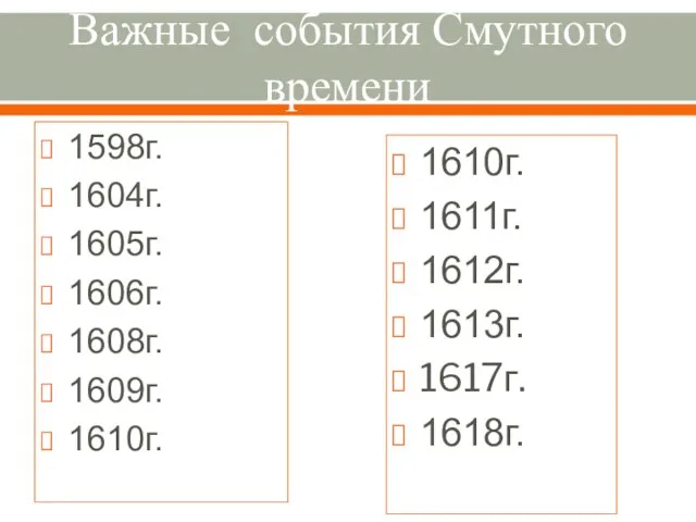 Важные события Смутного времени 1598г. 1604г. 1605г. 1606г. 1608г. 1609г. 1610г. 1610г.