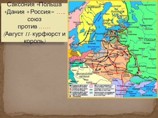 Саксония +Польша +Дания + Россия= ….. союз против …… (Август II- курфюрст и король)