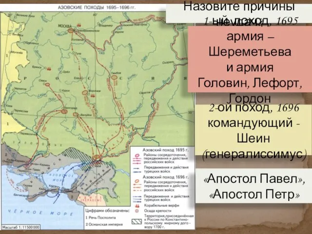 Назовите причины неудач? 1-ый поход, 1695 армия –Шереметьева и армия Головин, Лефорт,