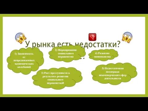 У рынка есть недостатки? Какие? 1) Зависимость от непредвиденных экономических колебаний 2)