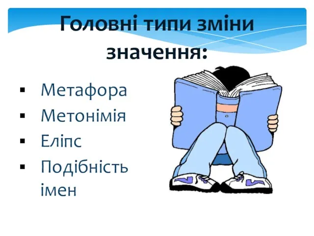 Метафора Метонімія Еліпс Подібність імен Головні типи зміни значення: