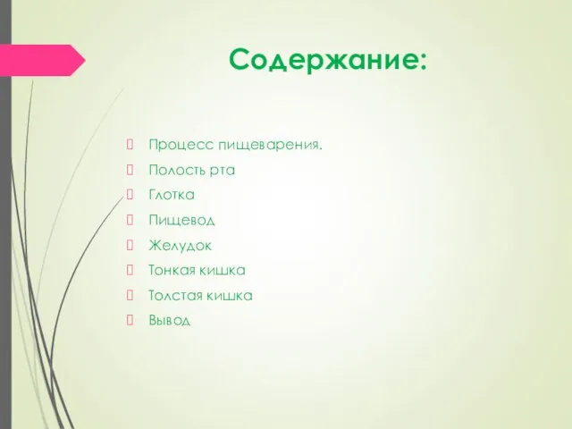 Содержание: Процесс пищеварения. Полость рта Глотка Пищевод Желудок Тонкая кишка Толстая кишка Вывод