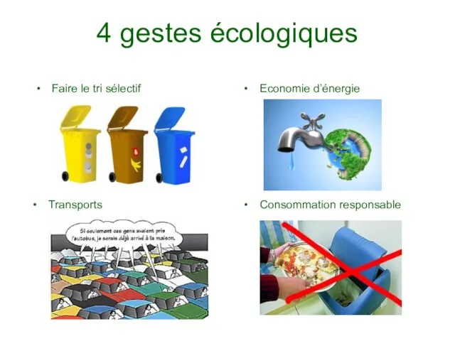 4 gestes écologiques Faire le tri sélectif Economie d’énergie Transports Consommation responsable
