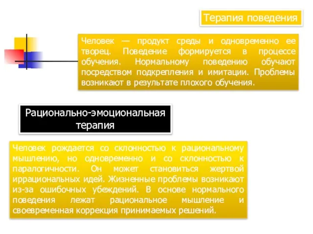 Терапия поведения Человек — продукт среды и одновременно ее творец. Поведение формируется