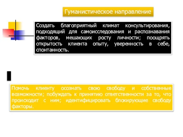 Гуманистическое направление Создать благоприятный климат консультирования, подходящий для самоисследования и распознавания факторов,