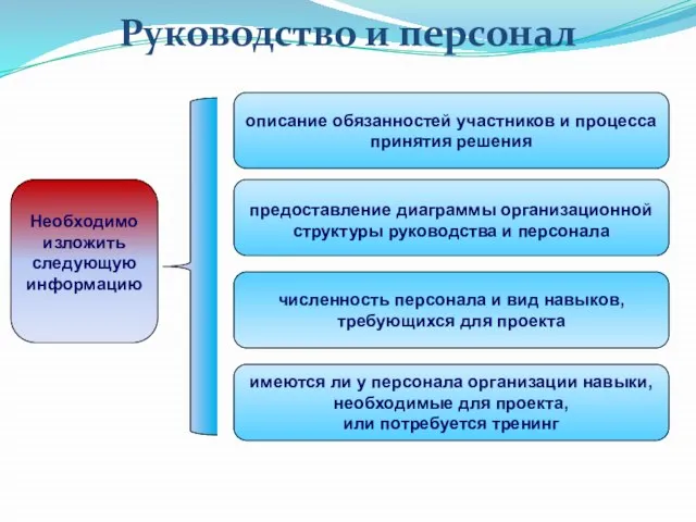 Руководство и персонал численность персонала и вид навыков, требующихся для проекта имеются