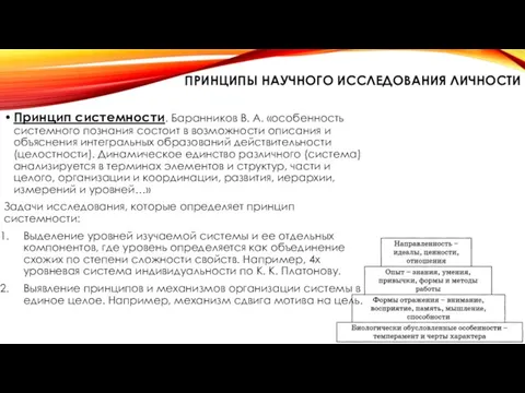 ПРИНЦИПЫ НАУЧНОГО ИССЛЕДОВАНИЯ ЛИЧНОСТИ Принцип системности. Баранников В. А. «особенность системного познания