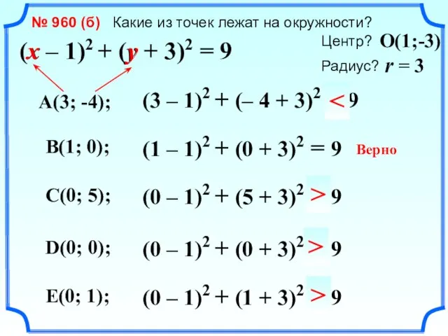 (x – 1)2 + (y + 3)2 = 9 № 960 (б)