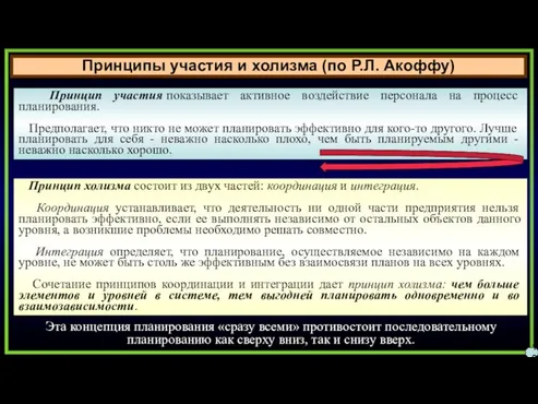 Принципы участия и холизма (по Р.Л. Акоффу) 10 Принцип участия показывает активное