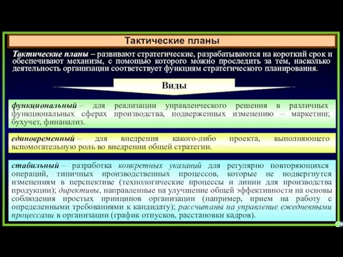 Тактические планы 18 Тактические планы – развивают стратегические, разрабатываются на короткий срок