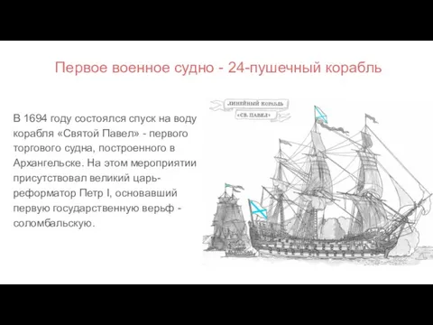 Первое военное судно - 24-пушечный корабль В 1694 году состоялся спуск на