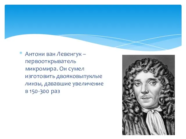 Антони ван Левенгук – первооткрыватель микромира. Он сумел изготовить двояковыпуклые линзы, дававшие увеличение в 150-300 раз