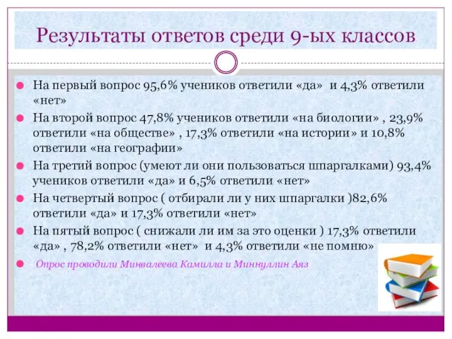 Результаты ответов среди 9-ых классов На первый вопрос 95,6% учеников ответили «да»