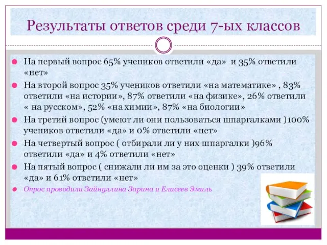 Результаты ответов среди 7-ых классов На первый вопрос 65% учеников ответили «да»