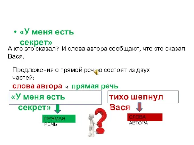 «У меня есть секрет» А кто это сказал? И слова автора сообщают,