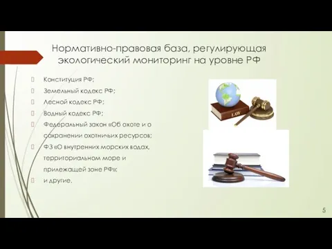 Нормативно-правовая база, регулирующая экологический мониторинг на уровне РФ Конституция РФ; Земельный кодекс
