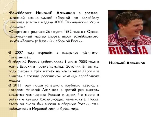 Николай Апаликов Волейболист Николай Апаликов в составе мужской национальной сборной по волейболу