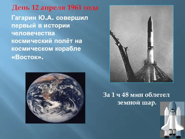 Гагарин Ю.А. совершил первый в истории человечества космический полёт на космическом корабле